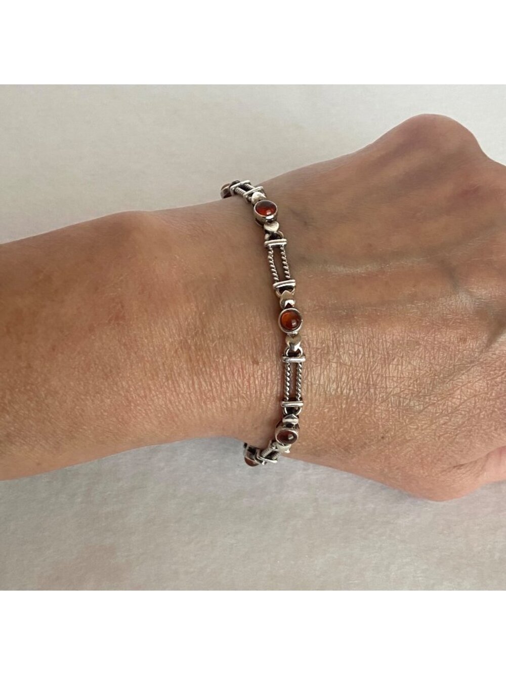 Sterling Silver 925 Dainty Round Baltic Amber Heart Link Bracelet 7.25"